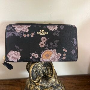 Coach Black Floral Zip-Around Wallet with Pink and Cream Blooms